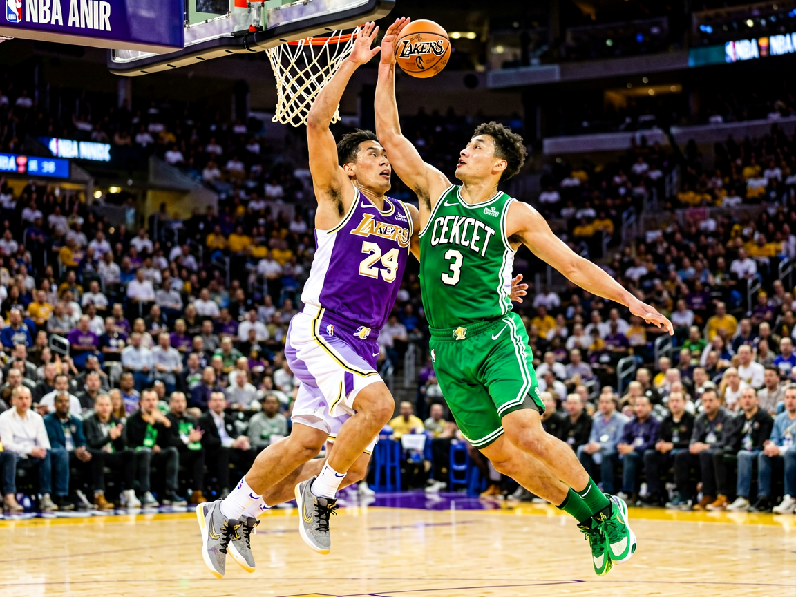 NBA常规赛激烈对抗画面，球员突破上篮瞬间